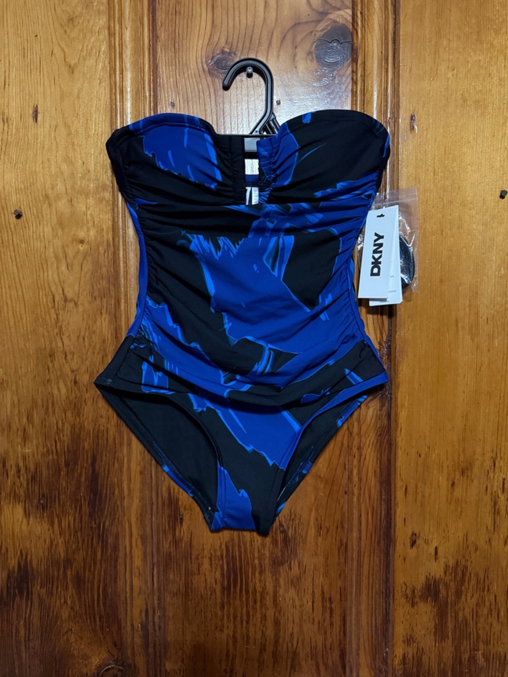 DKNY Black and Royal Blue Strapless One-Piece Swimsuit